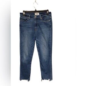 PAIGE size 28 skinny jeans featuring a frayed hem and a medium blue wash.